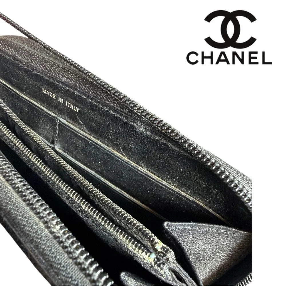 Chanel‎ Black Jacket Embossed Long Zipper Wallet